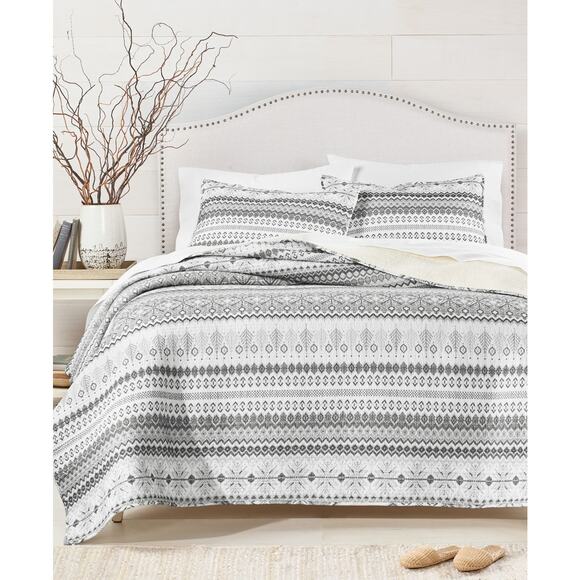 $160 Martha Stewart Fair Isle Quilted Reversible Flannel Quilt, Twin, Gray - Picture 1 of 3